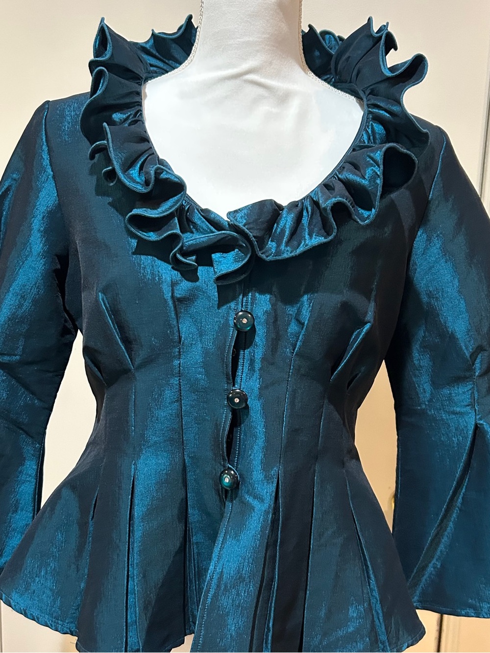 Nicole Teal Satin Robe with Ruffle Trim